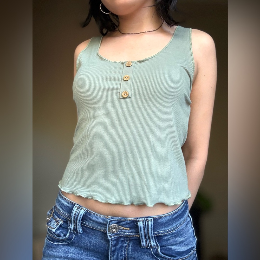 Sage Green Ribbed Button-Front Tank Top